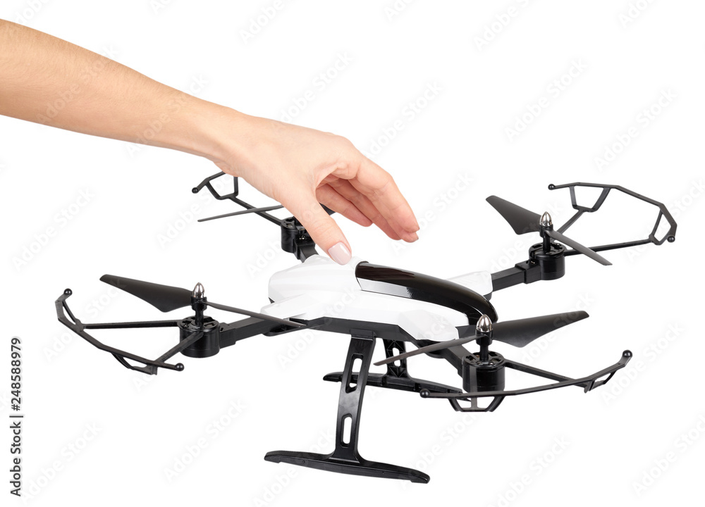 Hand with remote control drone, fun toy for kids, air sport game. Hand with remote control drone, fun toy for kids, air sport game.