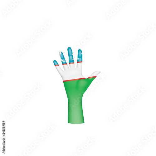 Uzbekistan flag and hand on white background. Vector illustration