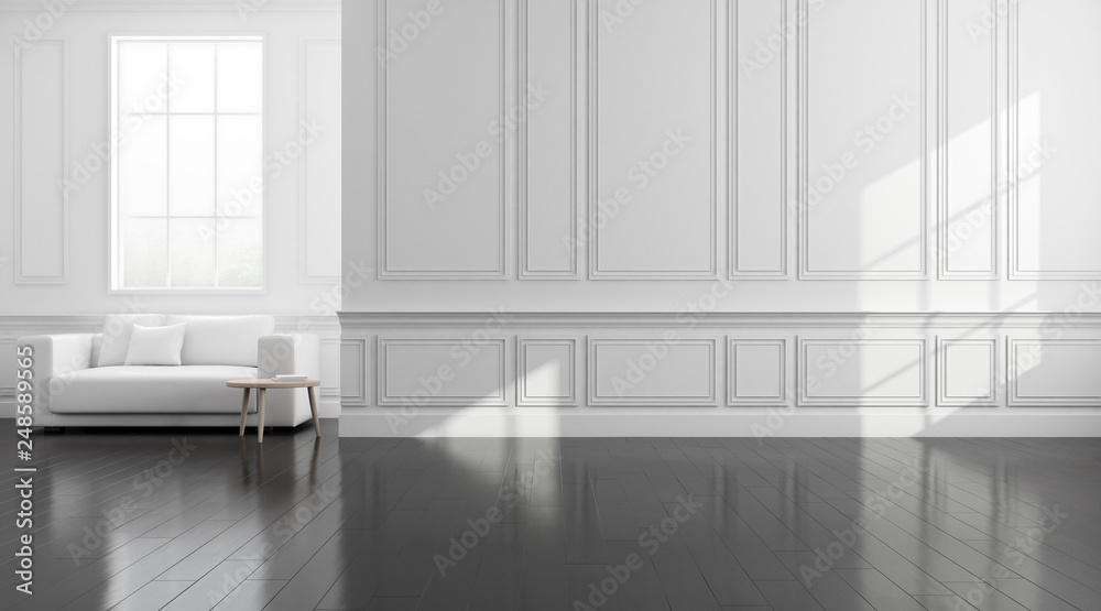 Fototapeta premium View of white living room in classic style with furniture on dark laminate floor.Perspective of minimal design architecture. 3d rendering. 