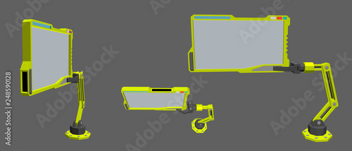 Robotic arm with futuristic monitor. 3d Vector illustration.