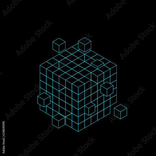 Wireframe cube from small cubes. Big Data concept.