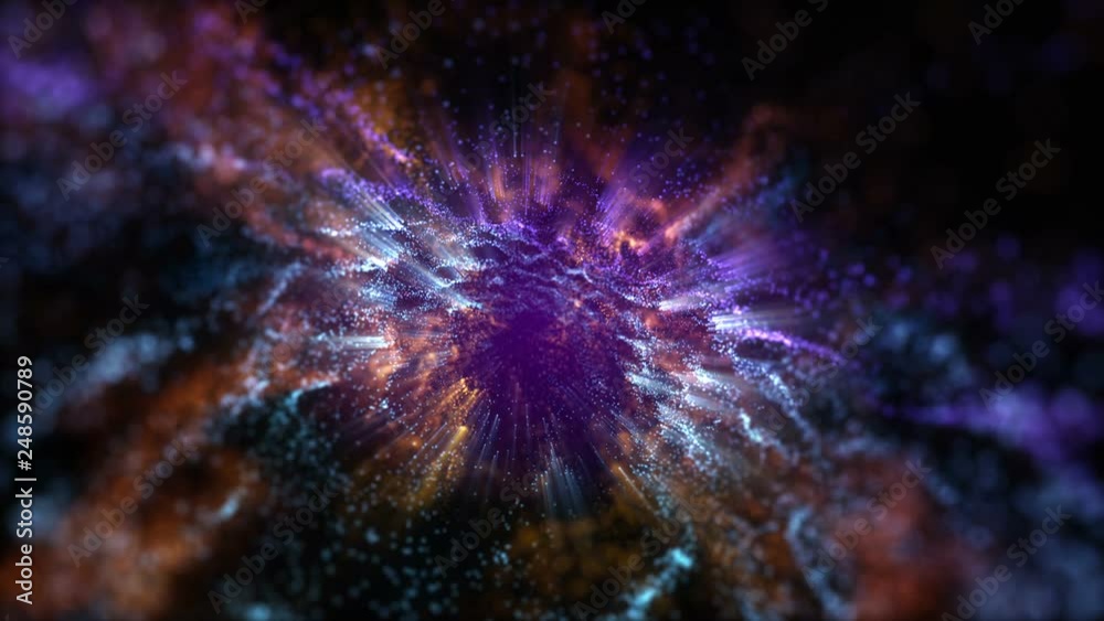 4K Abstract motion background animation shining particles stars sparks and magic dust forming in space wave flow with light rays and projections seamless loop