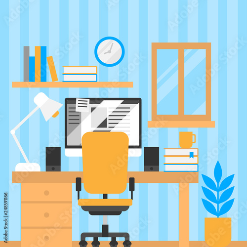 Freelancer home office, freelance designer workplace. Flat furniture and equipment for employee and student