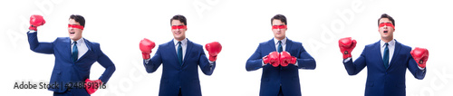 Lawyer with blindfold wearing boxing gloves isolated on white