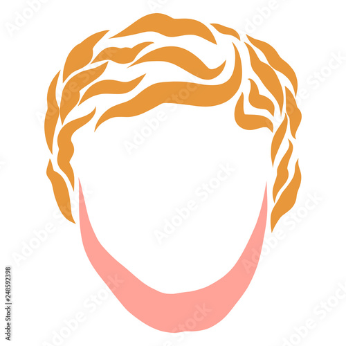 The head of a young man with blond wavy hair