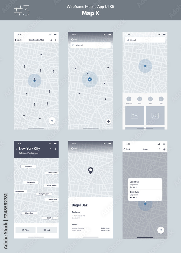 Wireframe Kit For Mobile Phone. Mobile App Ui, Ux Design. New Map Position:  Selection On Map, Search, List, Point, Filter, Place And Pick Location  Screens. Stock Vector | Adobe Stock