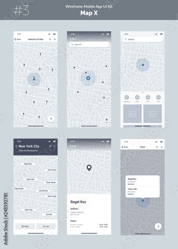 Wireframe kit for mobile phone. Mobile App UI, UX design. New map position: selection on map, search, list, point, filter, place and pick location screens.