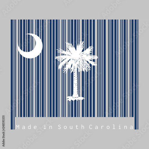 Barcode set the color of South Carolina flag, White palmetto tree on an indigo field and white crescent. text: Made in South Carolina.