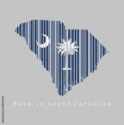 Barcode set the shape to South Carolina map outline and the color of South Carolina flag on grey background, text: Made in South Carolina.