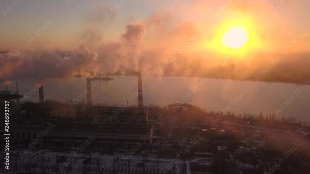 Industry Pipes Pollute the Atmosphere With Smoke. Aerial view