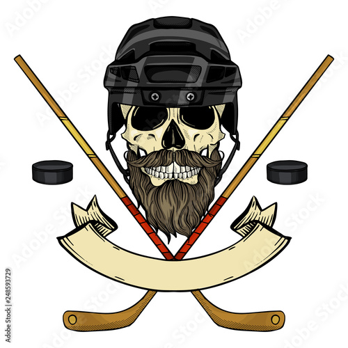 Hand drawn sketch, color skull with dark hockey helmet, stick, puck, mustaches and beard