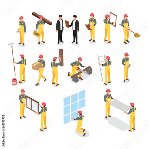 Isometric builder construction worker