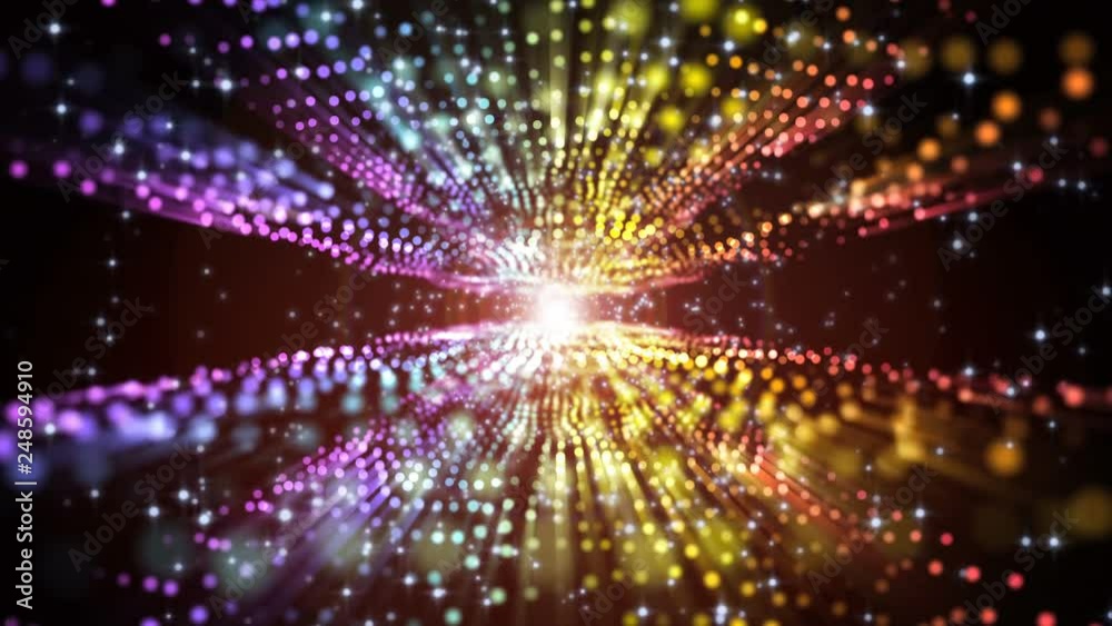 4K Abstract motion background animation shining particles stars sparks and magic dust forming in space wave flow with light rays and projections seamless loop