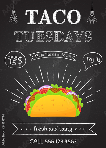 Traditional mexican fastfood taco tuesday poster. Tasty beef meat, salad, tomato in delicious tacos with vintage chalk decoration and sign Taco Tuesday. Vector illustration for food truck design
