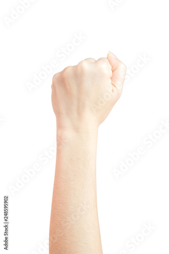 A woman's hand lifted a thumbs up symbol fist Represents the fight isolated on white background and clipping path
