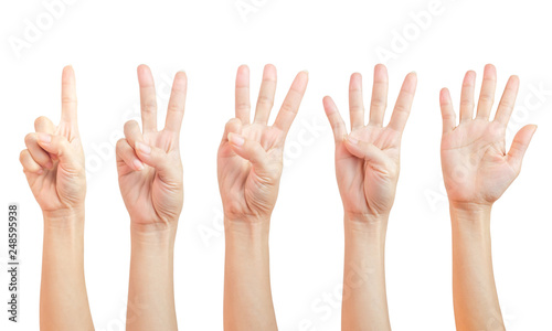 women hand signs are counting. Using fingers symbol. set of number one two three four five ( 1 2 3 4 5 ) isolated on white background and clipping path.