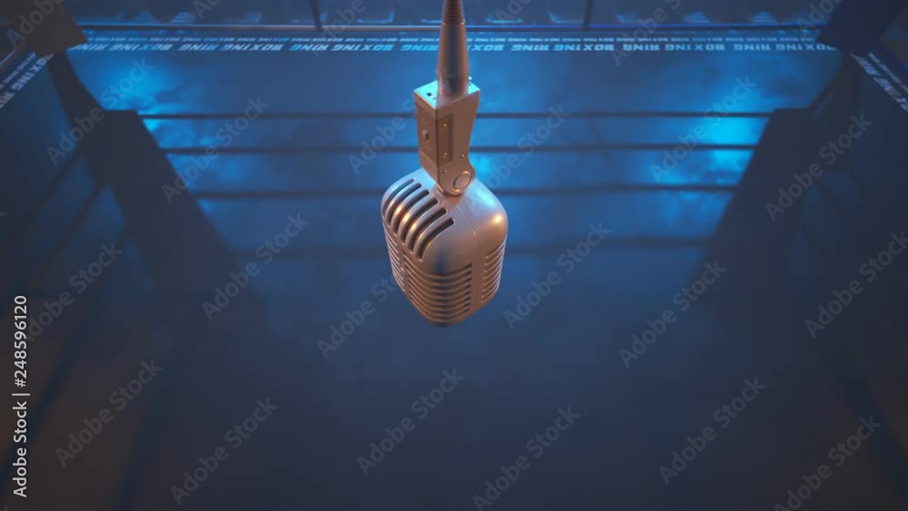 Animation with metal vintage microphone hanging down above the empty