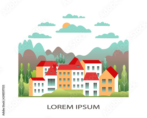 Rural valley Farm countryside isolated on white background. Village landscape with ranch in flat style design logo. Landscape with house farm, building, tree, cloud, hills cartoon vector illustration