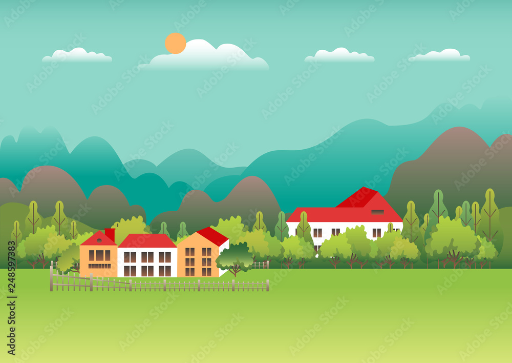 Rural valley Farm countryside. Village landscape with ranch in flat style design. Landscape with  house farm one family, barn, building, hills, tree, mountains, background cartoon vector illustration