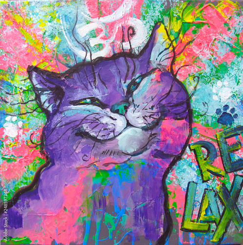Funny and expressive british cat, with motto and elements of graffiti and street-art style. Original acrylic painting on canvas.