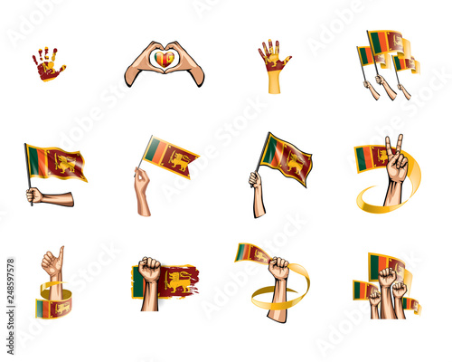 Sri Lanka flag and hand on white background. Vector illustration