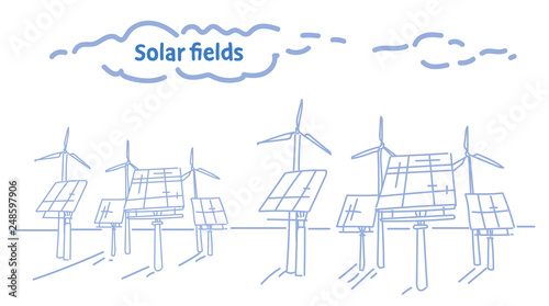 wind turbine solar energy panel fields renewable station alternative electricity source concept photovoltaic district sketch flow style horizontal © mast3r