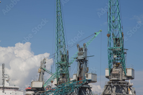 Cargo ship-lifting cranes in the harbor, industrial zone