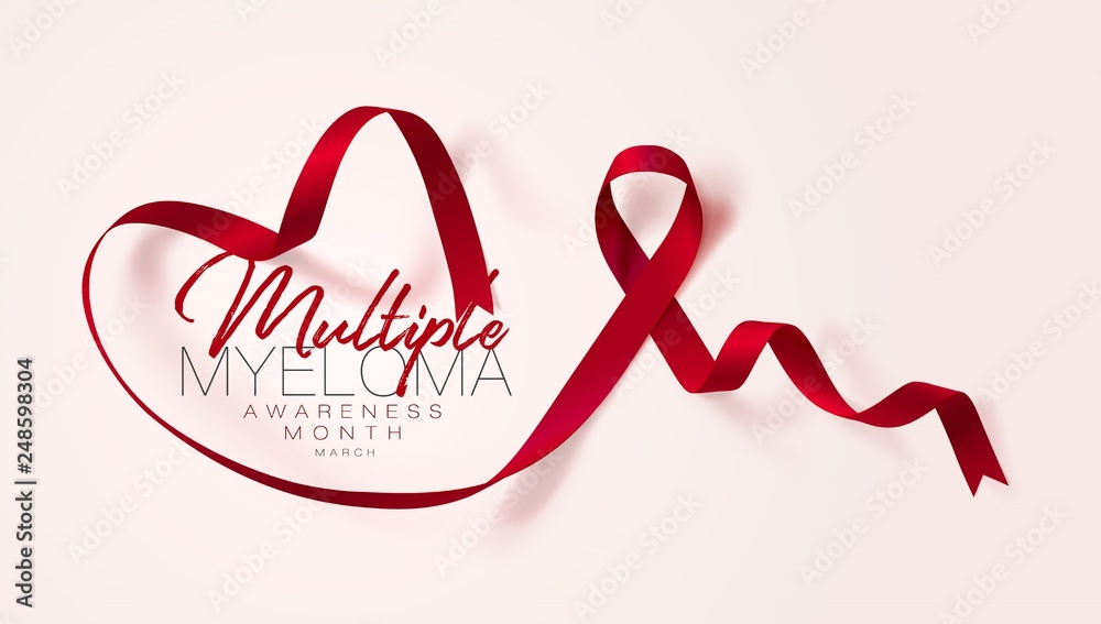Multiple Myeloma Awareness Calligraphy Poster Design. Realistic Burgundy Ribbon. March is Cancer Awareness Month. Vector