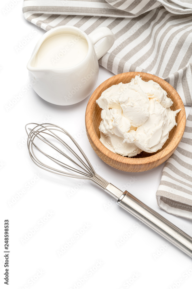 Traditional Mascarpone cheese and cream or milk isolated Traditional Mascarpone cheese and cream or milk isolated