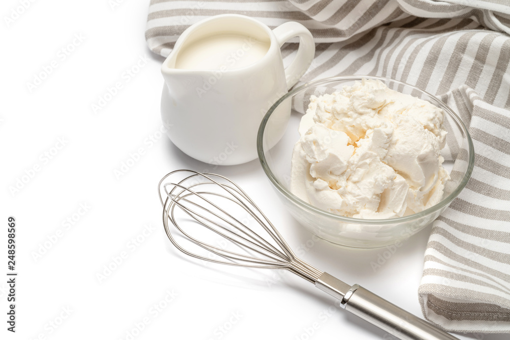 Traditional Mascarpone cheese and cream or milk isolated Traditional Mascarpone cheese and cream or milk isolated