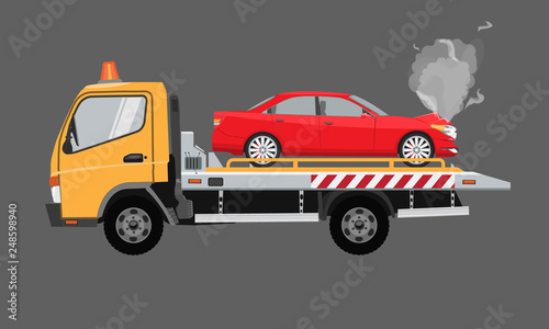 Yellow tow truck with sedan car on it. Flat vector with solid color design.