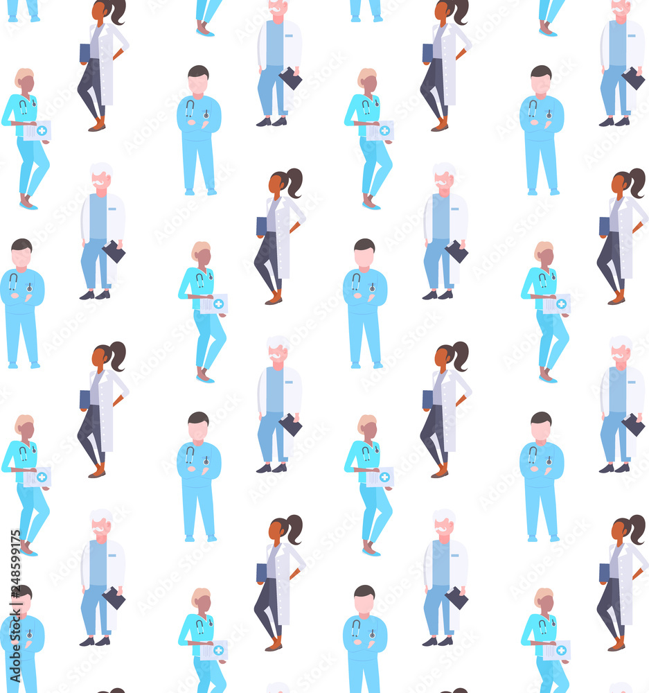 medical doctors mix race hospital workers men women specialists in uniform seamless pattern male female cartoon characters full length isolated flat
