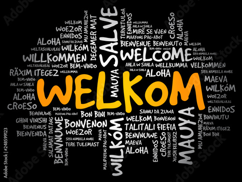 Welkom (Welcome in Afrikaans) word cloud in different languages