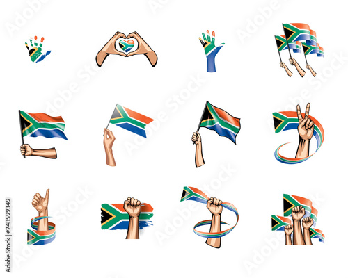 south africa flag and hand on white background. Vector illustration
