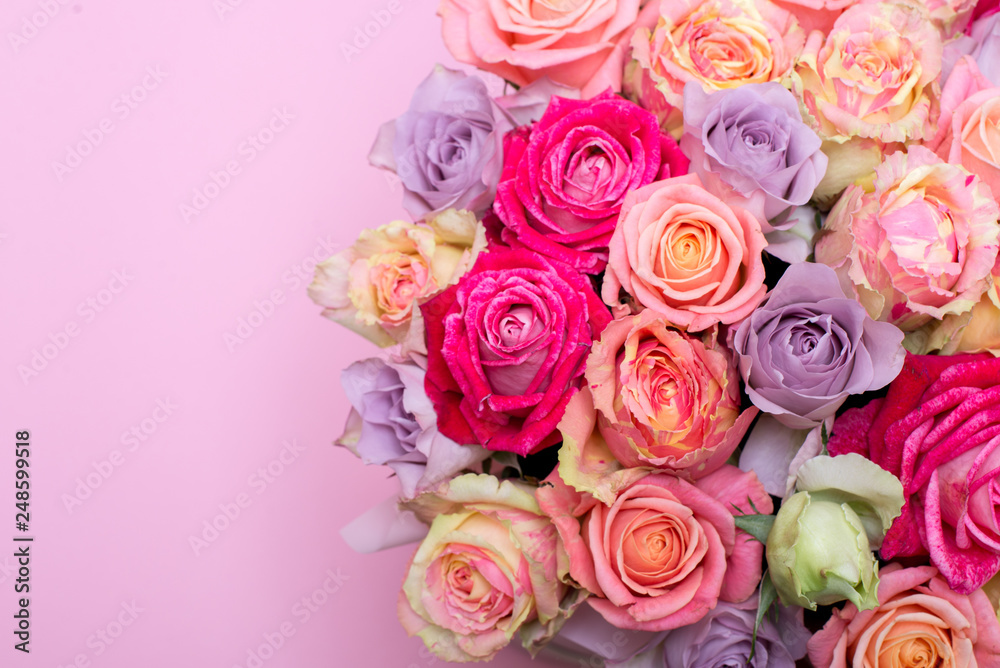 Beautiful bouquet of roses in a gift box. Bouquet of pink roses. Pink roses close-up. on pink background, with space for text. Beautiful bouquet of roses in a gift box. Bouquet of pink roses. Pink roses close-up. on pink background, with space for text.