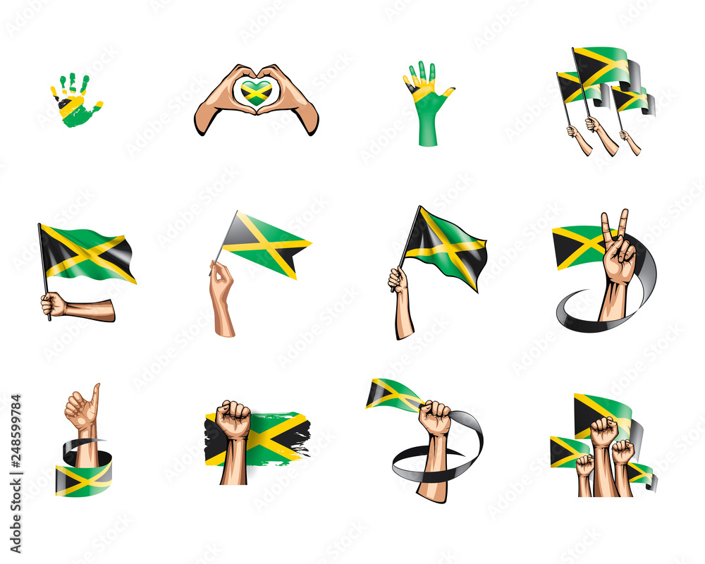 Jamaica flag and hand on white background. Vector illustration
