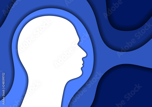 Head human silhouette white abstract schematic from blue layers paper cut 3D shadows one over the other. Layout for banner, poster, greeting card. Vector illustration. © elenvd