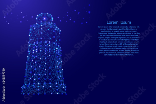 Lighthouse marine sea from futuristic polygonal blue lines and glowing stars for banner, poster, greeting card. Vector illustration.