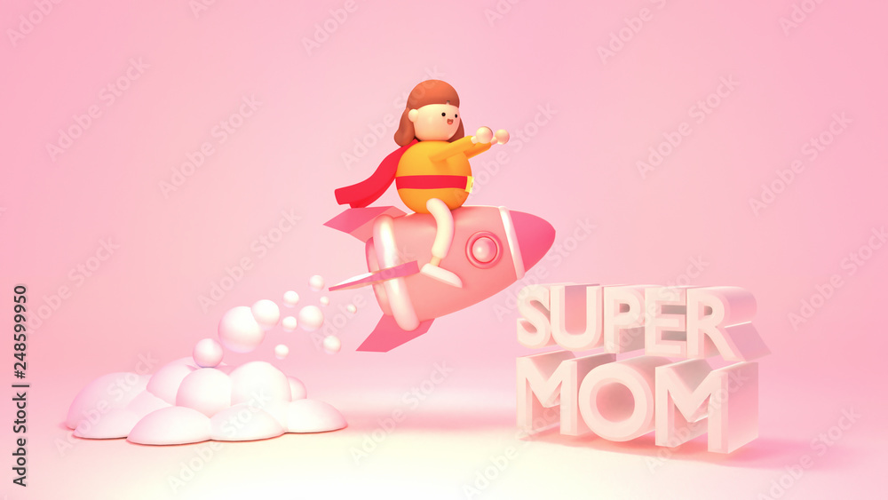 Cartoon female figurine sitting on a pink space rocket. Big 
