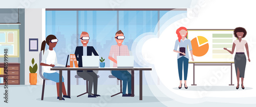 businesspeople conference meeting wearing digital glasses virtual reality mix race businesswomen presenting financial report flip chart headset vision concept office interior horizontal