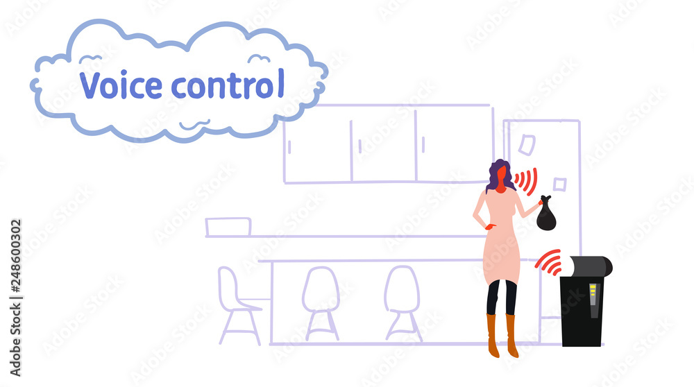 home recycle trash controlled by woman smart tech recognizes commands voice control concept modern kitchen interior sketch flow style horizontal home recycle trash controlled by woman smart tech recognizes commands voice control concept modern kitchen interior sketch flow style horizontal