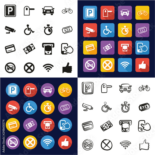 Parking or Parking Lot Icons All in One Icons Black & White Color Flat Design Freehand Set