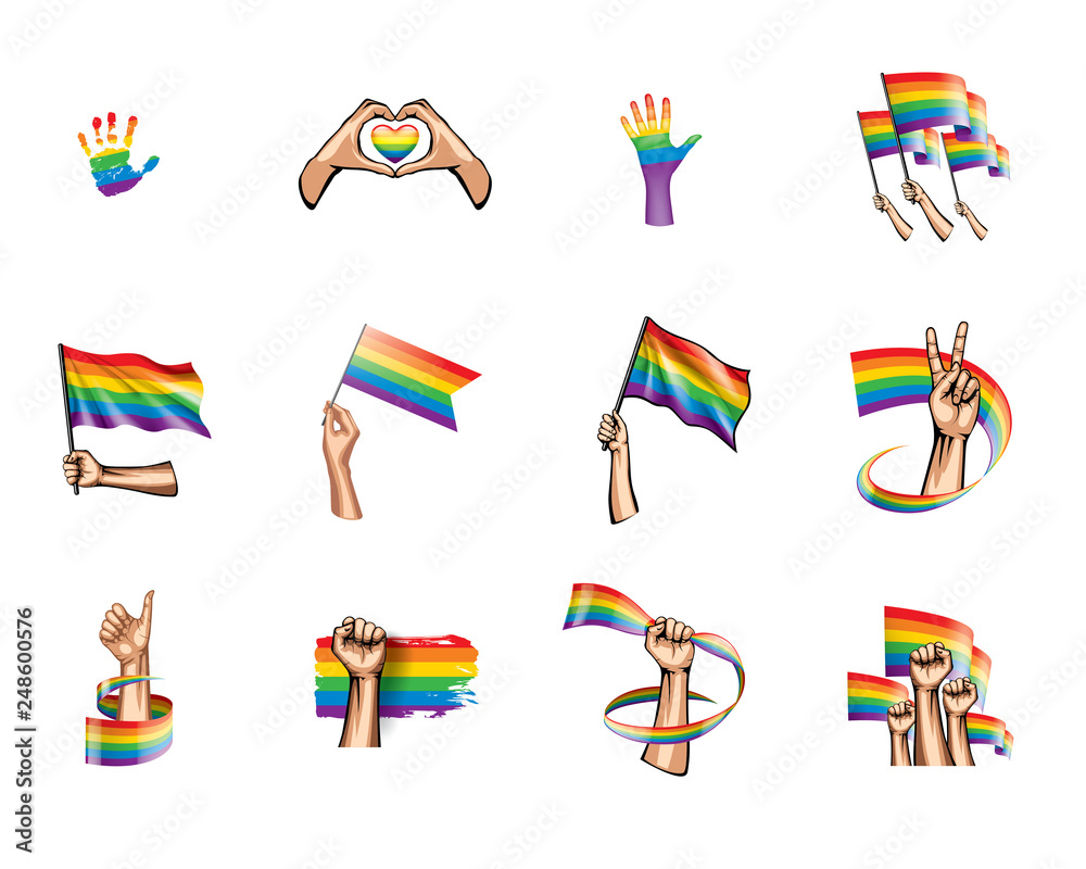 Obraz premium Rainbow flag and hand on white background. Vector illustration