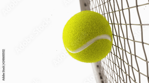 Tennis racket hits tennis ball. Closeup isolated on white background - 3d rendering photo