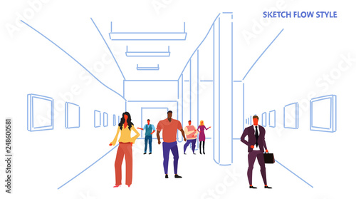 tourists looking modern art gallery mix race visitors viewing exhibits contemporary paintings artworks museum hall interior sketch flow style horizontal vector illustration