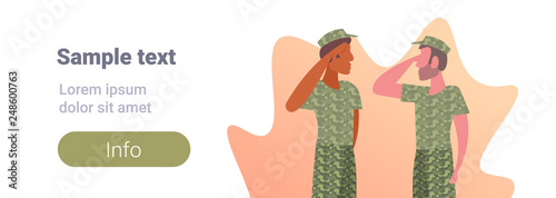 two military men mix race army soldiers in camouflage uniform saluting gesture male cartoon characters portrait flat horizontal copy space
