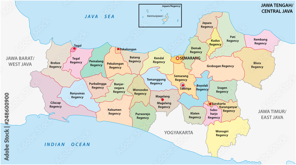 Jawa Tengah, Central Java administrative and political vector map, Indonesia
