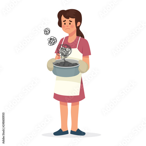 vector illustration of sad mother because her cooking failed, mother standing and holding burnt food in pan
