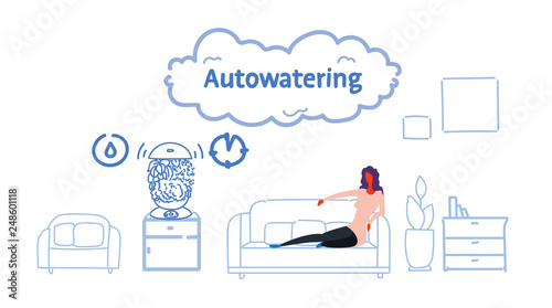 woman sitting couch using auto watering application smart house technology system concept modern living room interior sketch flow style horizontal