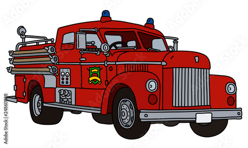 The vectorized hand drawing of an old red fire truck